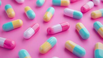 AI generated Colorful pills on pink background. Top view photo