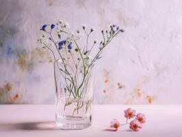 ai generado hermosa flores silvestres en vaso florero en rosado antecedentes. foto