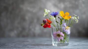 ai generado hermosa ramo de flores de flores silvestres en vaso florero en gris antecedentes foto