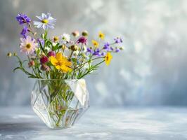 AI generated Bouquet of wildflowers in glass vase on light background photo