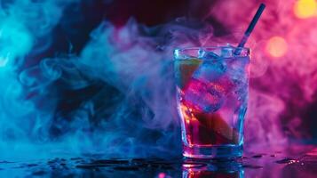 AI generated Cocktail with ice and orange on dark background with smoke photo