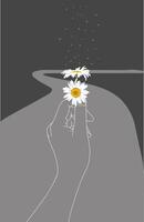 Silhouette of a hand holding two Daisy flowers against a road background vector