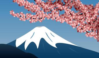 Mount Fuji and sakura branches - painted landscape of Japan. Branches of pink cherry. Snow mountain. Travel to Japan. Vector illustration