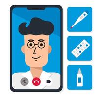 Video call to a male doctor on a mobile phone. Telemedicine. The doctor said to measure the temperature and prescribed a prescription - pills, nasal drops. Medical consultation service. Vector