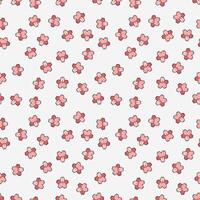 Falling Sakura seamless pattern. Chaotic pattern of pink flowers on a white background. Japanese cherry blossoms with stroke. Vector illustration.