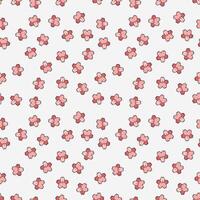 Falling Sakura seamless pattern. Chaotic pattern of pink flowers on a white background. Japanese cherry blossoms with stroke. Vector illustration.