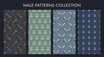 Set of Male Patterns. Weapon patterns - spears, daggers and arrows. Symmetrical, strict and calm images. Simple prints for menswear. Wrapping paper. Dark colors. Vector illustration.