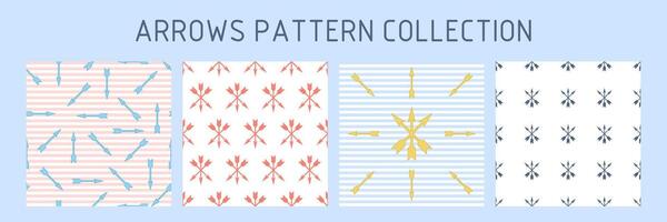 Collection of Patterns with Arrows. Arrows fly in a chaotic manner on a striped background. Symbol Three arrows on a white background. Marine theme. Vector illustration.