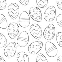 Contour patterned Easter eggs. Seamless pattern on a white background. Scattered eggs. Outline without color. Vector illustration.