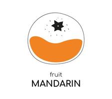 Contour Mandarin with an orange spot of color. Sour fruit, citrus, tangerine. Card with text for learning the word Mandarin in English. Poster or postcard. isolated object. Vector illustration