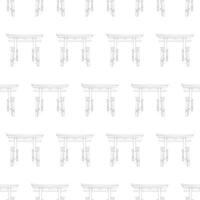 Seamless pattern of contour Torii Gates. Ancient entrance to the Japanese temple. Hand-drawn image. Travel to Japan. Linear vector illustration.