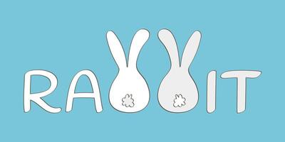 Two Rabbits are sitting with their backs. Text Rabbit on a blue background. Contour white and gray rabbits. Bunny ears and tails. Vector illustration