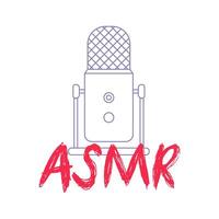 Outline microphone and handwritten ASMR text. Logo for the ASMR channel. An isolated object on a white background. Vector illustration.