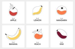 Contour fruits with a spot of color. Cards for learning English on the topic of Fruit. Apple, lemon and tangerine. Banana peach and kiwi. Collection of posters or postcards. Vector illustration