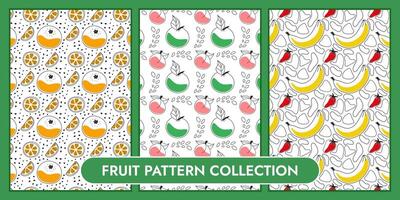 Set of Patterns with Fruits. Mandarin and citrus pieces. Apple and peach. Banana and strawberry. Summer collection of seamless food patterns. Wrapping. Outline images with color. Vector illustration.