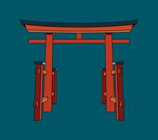 torii portón en un oscuro antecedentes. Entrada a el japonés templo. visión de antiguo arquitectura. viaje a Japón. aislado objeto. vector ilustración.