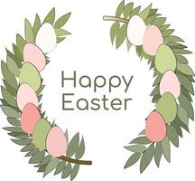 Easter Wreath Illustration of Leaves and Eggs. Congratulations Happy Easter. Colored eggs and branches on a white background. Pastel colors. Vector illustration