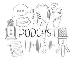 Podcast Set. Listen and record broadcasts. Conversations, discussion of topics and news. Microphones and wired headphones. Podcast Items. Notes, voice. Glass of coffee. Outline drawn illustration vector