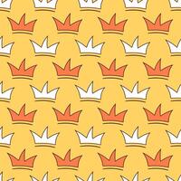 Drawn contour crown on a yellow background. Seamless pattern white and orange tiara. Prince and princess, king and queen. Children drawing. Vector illustration.