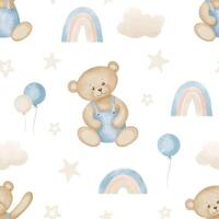 Teddy Bear seamless Pattern. Watercolor background with cute Toy, rainbows and stars for Baby textile design or wrapping paper. Illustration with childish character with cloud in pastel colors. vector