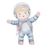 cosmonauta acuarela ilustración. mano dibujado astronauta en un espacio en aislado antecedentes. dibujo de niña astronauta para bebé ducha saludo tarjetas o cumpleaños invitación pastel colores vector