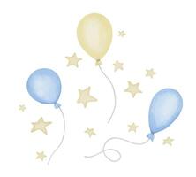 aire globos acuarela colocar. mano dibujado ilustración con ligero azul y amarillo pastel globos linda conjunto para cumpleaños fiesta saludo tarjetas o bebé ducha invitaciones colección con estrellas vector
