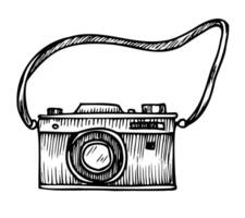 Vintage Vector Camera. Hand drawn illustration of old retro analog equipment with lens for photography on white background. Black linear drawing of objective for travel or adventure trip