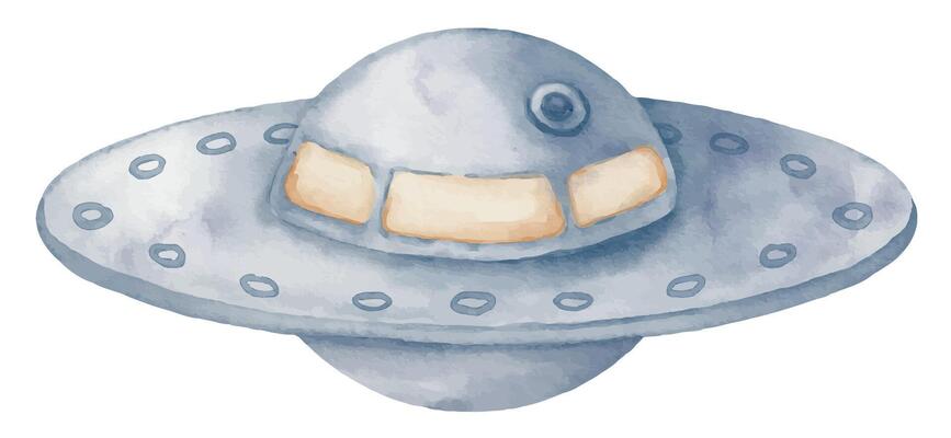 UFO watercolor illustration. Hand drawn sketch of flying saucer on isolated background. Futuristic extraterrestrial cute spacecraft in pastel colors for baby design. Cosmic object for childish cards
