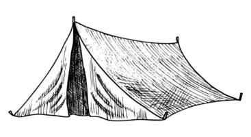 Camp Tent. Hand drawn Vector illustration of old traditional equipment for hiking or travel on isolated background. Drawing of retro camping for trip in a forest. Linear sketch of Campsite.