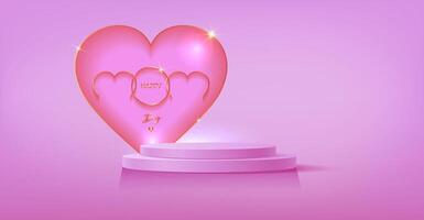 Mother's Day banner, 3d stage podium decorated with gold heart shape. Pedestal scene for product, advertising, show, mom ceremony, isolated on pink background. Minimal style. Vector illustration