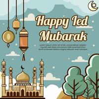 contento eid Mubarak instagram enviar modelo con mezquita y árbol decoraciones vector