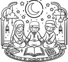 Islamic family coloring book, father, mother and child are learning vector