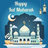 Flat Background Vector Islamic Happy Ied Mubarak Blue and Masque