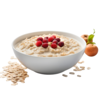 AI generated bowl of oatmeal with raspberries and mint leaves on transparent background png