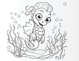 Seahorse's Undersea Coral Castle Coloring Pages for Kids vector