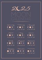 lunar calendario, lunar mensual ciclo planificador para 2025 año modelo. astrología, astronómico lunar esfera sombra, todo ciclo desde nuevo a lleno Luna calendario bandera, tarjeta vector ilustración