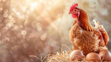 AI Generated Majestic hen with fresh eggs on hay photo