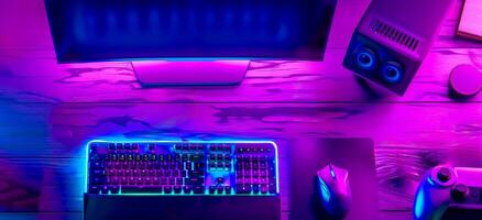 AI Generated Futuristic neon gaming setup with rgb lights photo