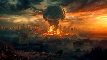AI Generated Apocalyptic cityscape with mushroom cloud photo