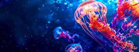 AI Generated Vibrant jellyfish swimming in deep blue sea photo