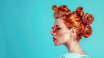 AI Generated Retro redhead beauty with stylish hairdo photo