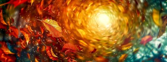 AI Generated Dynamic swirl of colorful autumn leaves on a vibrant background photo