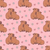 Seamless pattern with cute hugging capybaras in love. Funny cartoon rodent couple characters with heart and flower. Kawaii vector illustration on pink background. Animal print