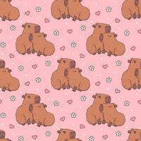 Seamless pattern with cute hugging capybaras in love. Funny cartoon rodent couple characters with heart and flower. Kawaii vector illustration on pink background. Animal print