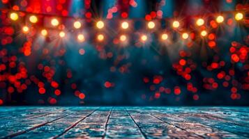 AI Generated Festive lights bokeh on wooden floor photo