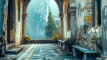 AI Generated Enchanting ancient courtyard in misty morning light photo