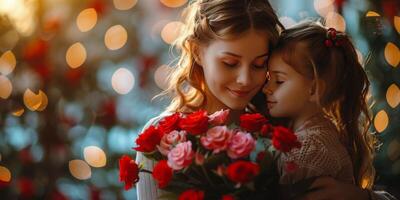 ai generado madre y hija abrazando con Rosa ramo de flores foto