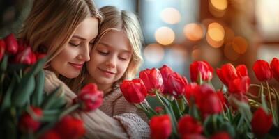 ai generado dos mujer abrazando en un campo de rojo tulipanes foto