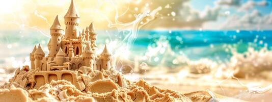 ai generado majestuoso arena castillo en soleado playa foto