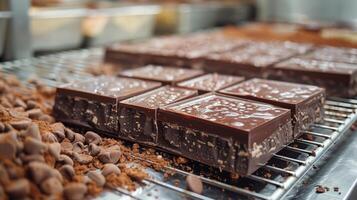 ai generado chocolate barras enfriamiento en un estante en un fábrica foto